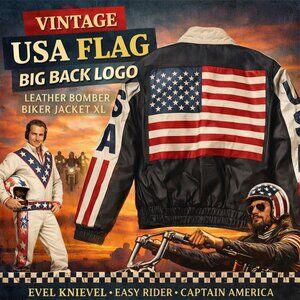 Vintage USA Flag Big Back Logo Leather Bomber Bike Jacket XL Evel